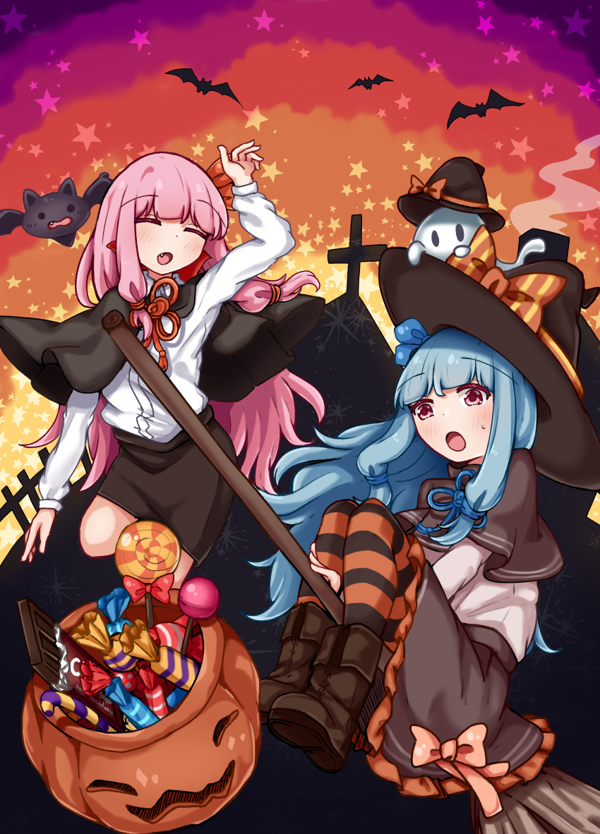 absurdres bangs basket bat black_capelet black_headwear black_skirt blue_hair blunt_bangs boots broom broom_riding candy candy_cane capelet chocolate chocolate_bar closed_eyes commentary cross fang food ghost halloween halloween_costume highres jack-o'-lantern kannagoto kotonoha_akane kotonoha_aoi large_hat lollipop miniskirt open_mouth pink_hair red_eyes shirt silhouette skirt star_(symbol) striped striped_legwear thigh-highs voiceroid white_shirt witch witch_costume