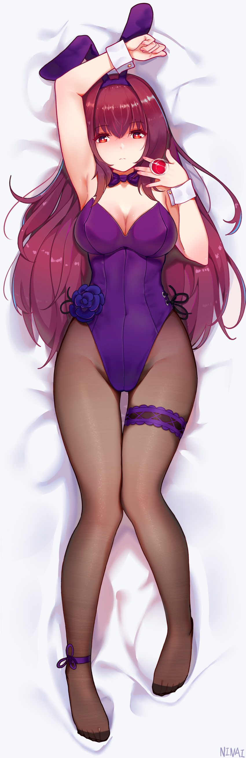 1girl absurdres animal_ears bare_arms bare_shoulders black_legwear bow bowtie bunny_girl bunny_tail cup dakimakura detached_collar drinking_glass fake_animal_ears fate/grand_order fate_(series) feet fishnet_legwear fishnets highres leotard long_hair ninainaidesss pantyhose playboy_bunny rabbit_ears red_eyes redhead scathach_(fate)_(all) scathach_(fate/grand_order) strapless strapless_leotard tail wine_glass wrist_cuffs