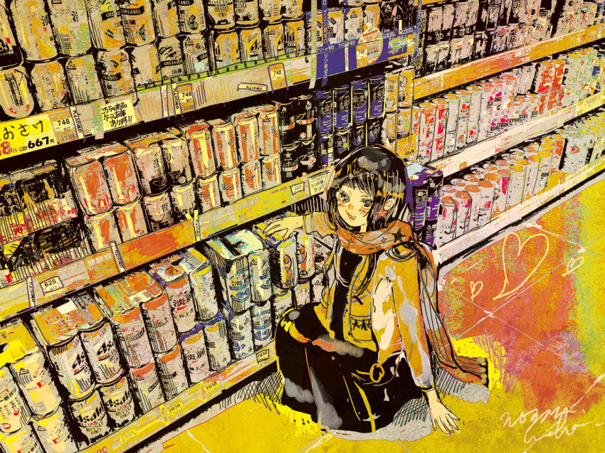 1girl bangs black_dress black_eyes black_hair blush can colorful dress heart jacket long_hair long_sleeves looking_at_viewer nogaru_wako open_mouth orange_jacket orange_scarf original pink_nails scarf shelf smile solo squatting