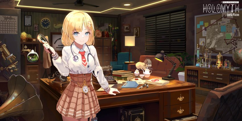 1girl blinds blonde_hair blue_eyes bubba_(watson_amelia) bulletin_board calendar_(object) chair character_name chemistry_set commentary_request couch cup drawer dress_shirt english_text eyebrows_visible_through_hair file file_cabinet globe hair_ornament highres holding_magnifying_glass hololive hololive_english indoors long_sleeves looking_at_viewer magnifying_glass monocle_hair_ornament necktie office phone phonograph photo_(object) picture_frame plaid plaid_skirt pocket_watch red_neckwear rotary_phone safe_(container) san_ke_yue_shi shirt short_hair skirt smile solo stethoscope teacup teapot telescope typewriter virtual_youtuber watch watson_amelia white_shirt