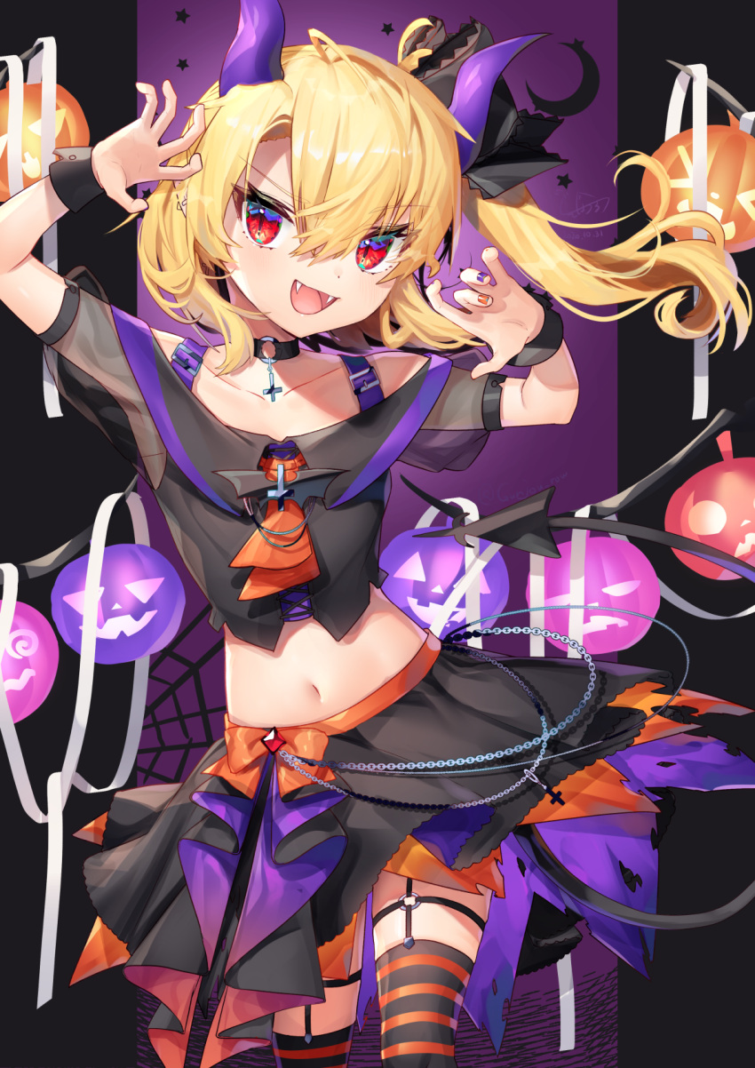 1girl :d ahoge alternate_costume bat_ornament black_bow black_skirt blonde_hair bow chain choker claw_pose collarbone commentary_request cowboy_shot cravat crop_top cross dated fangs flandre_scarlet gradient gunjou_row hair_between_eyes hair_bow highres horns inverted_cross jack-o'-lantern looking_at_viewer midriff multicolored multicolored_nails navel no_hat no_headwear o-ring o-ring_choker off-shoulder_shirt off_shoulder one_side_up open_mouth orange_neckwear orange_skirt red_eyes see-through_sleeves shirt short_hair side_ponytail signature silk skirt slit_pupils smile solo spider_web standing striped striped_legwear thigh-highs touhou v-shaped_eyebrows wrist_cuffs