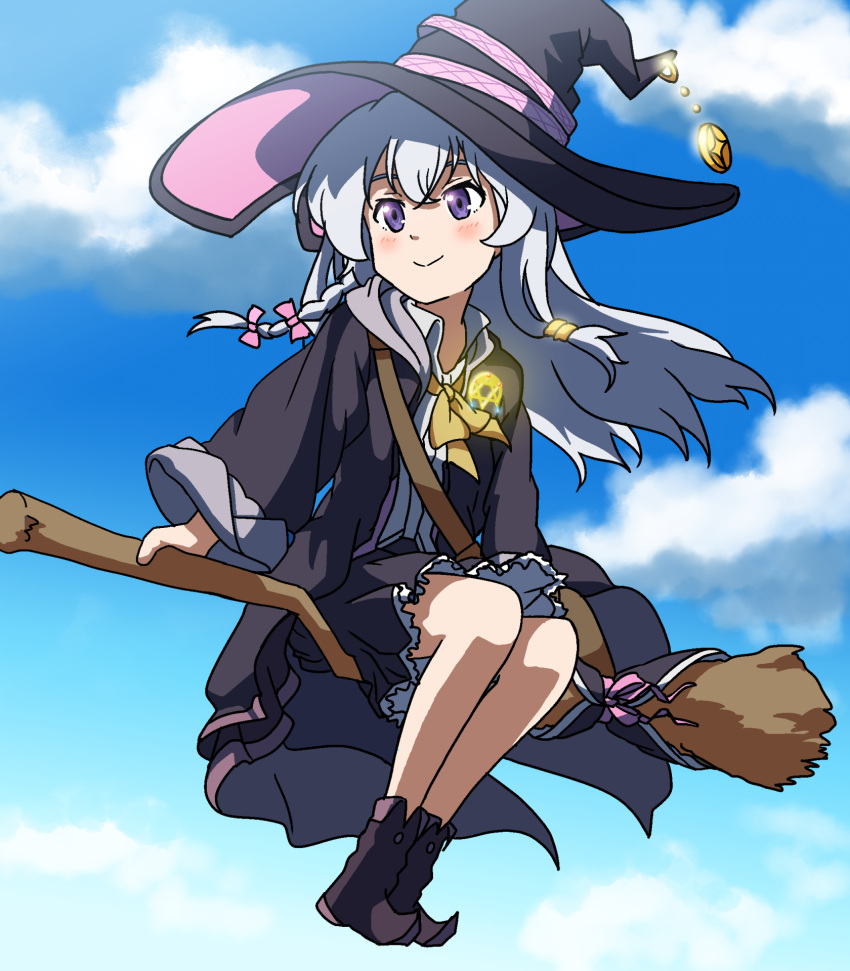 1girl arumei_(arumeisakufan) blush boots broom broom_riding elaina_(majo_no_tabitabi) halloween_costume highres lace-trimmed_headwear lace_trim majo_no_tabitabi pentacle silver_hair skirt sky smile solo witch witch_costume