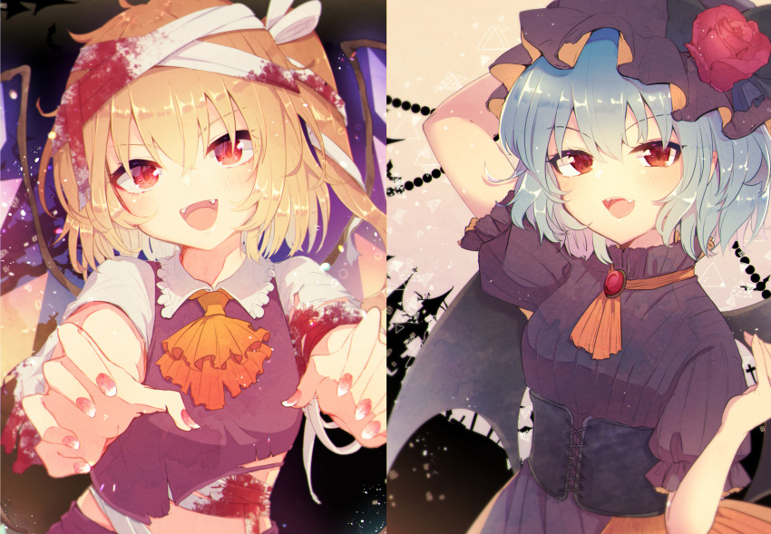 2girls absurdres aoi_(annbi) arm_behind_head arm_up bandaged_arm bandaged_head bandages bangs bat_wings blonde_hair blood bloody_bandages blush bow brooch column_lineup commentary corset cravat crystal dark_background dress fangs flandre_scarlet flower frilled_shirt_collar frills halloween halloween_costume hat hat_bow hat_flower highres huge_filesize jewelry looking_at_viewer midriff mob_cap multiple_girls nail_polish one_side_up open_mouth orange_neckwear outstretched_arms red_flower red_nails red_rose red_shirt remilia_scarlet rose shirt short_hair short_sleeves smile torn_clothes touhou underbust upper_body wings zombie_pose