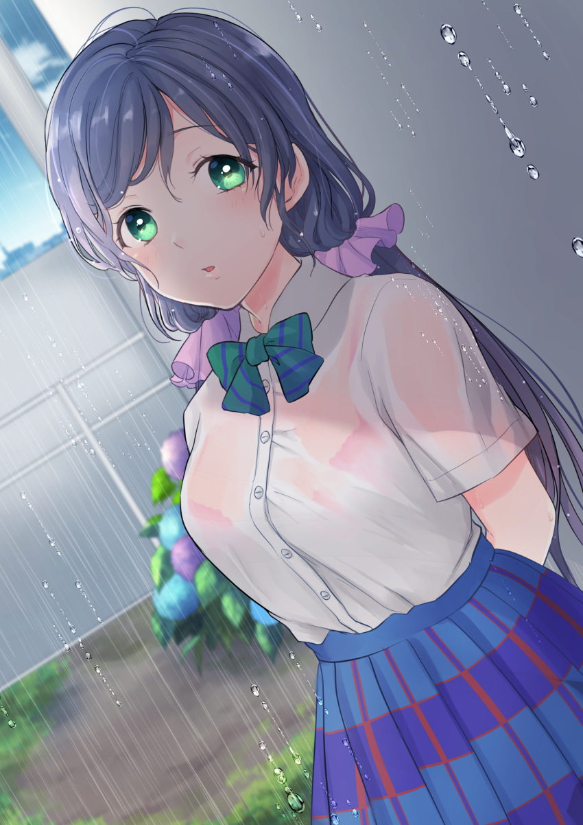 1girl :o absurdres arms_behind_back bangs blue_skirt blush bow bowtie bra breasts clouds eyebrows_visible_through_hair green_eyes highres kazehana_(spica) long_hair looking_at_viewer love_live! love_live!_school_idol_project low_twintails medium_breasts miniskirt open_mouth otonokizaka_school_uniform outdoors pink_bra plaid plaid_skirt pleated_skirt purple_hair rain school_uniform scrunchie see-through shirt shirt_tucked_in short_sleeves skirt sky striped striped_bow striped_neckwear summer_uniform swept_bangs toujou_nozomi twintails underwear very_long_hair water_drop wet wet_clothes wet_hair wet_shirt white_shirt