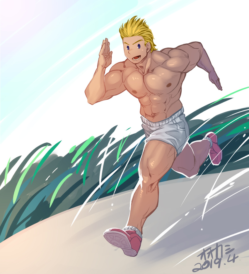 1boy abs bara blonde_hair blue_eyes boku_no_hero_academia chest full_body highres looking_at_viewer lrpanda00 male_focus muscle navel nipples open_mouth running shirtless short_hair shorts smile solo thick_thighs thighs togata_mirio white_shorts