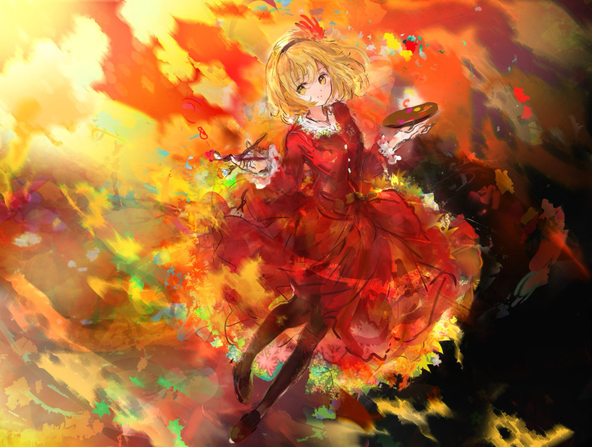 1girl aki_shizuha arms_at_sides art_brush autumn autumn_leaves blonde_hair closed_mouth collar collared_dress colorful commentary_request dress frilled_collar frilled_sleeves frills full_body hair_ornament hands_up highres holding holding_paintbrush leaf leaf_hair_ornament leaf_on_head loafers long_sleeves maple_leaf outstretched_hand paint paintbrush palette pantyhose red_dress shoes short_hair solo touhou uwazumi yellow_eyes