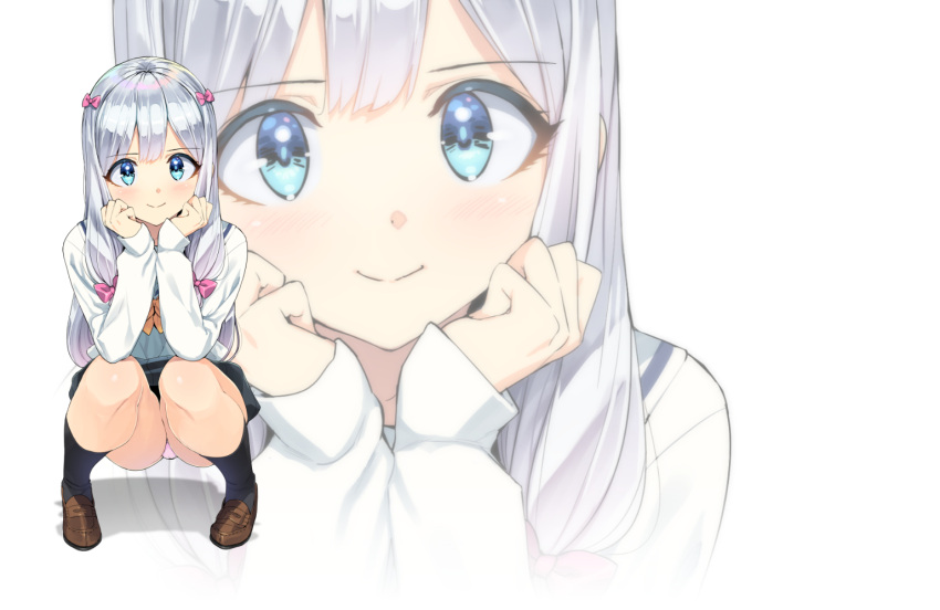 1girl blue_eyes bow eromanga_sensei hair_bow hand_on_own_cheek izumi_sagiri kneehighs long_hair miniskirt ootomo_takuji panties sailor_collar school_uniform skirt squatting sweater underwear wallpaper white_background white_panties