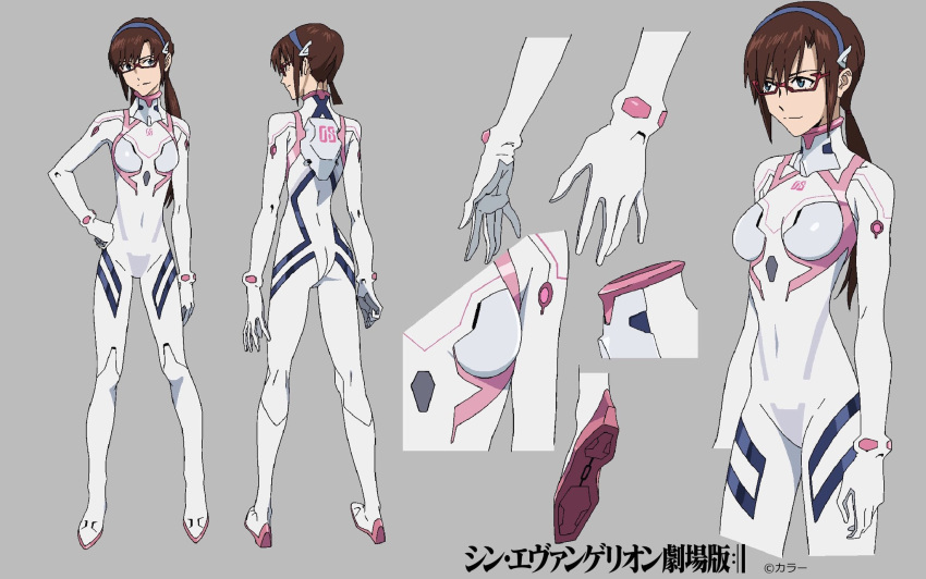 1girl bangs blue_eyes bodysuit breasts brown_hair check_commentary closed_mouth commentary commentary_request evangelion:_3.0+1.0_thrice_upon_a_time eyebrows_visible_through_hair glasses grey_background hair_between_eyes hands_on_own_thighs highres interface_headset long_hair looking_at_viewer looking_to_the_side makinami_mari_illustrious multicolored multicolored_bodysuit multicolored_clothes neon_genesis_evangelion official_art plugsuit rebuild_of_evangelion red-framed_eyewear shiny shiny_hair signature simple_background sitting skin_tight small_breasts solo test_plugsuit two_side_up white_bodysuit