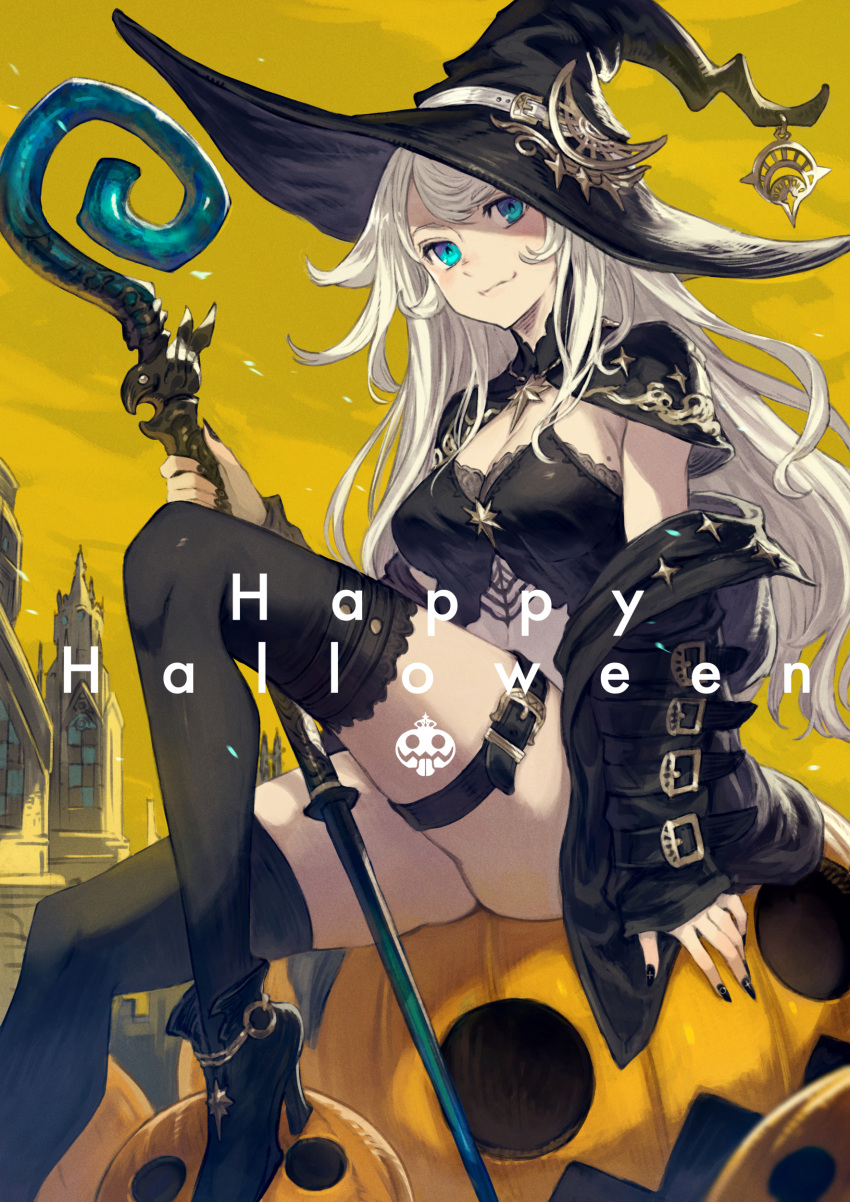 1girl absurdres bangs blue_eyes building capelet halloween hat high_heels highres holding holding_staff jack-o'-lantern kusano_shinta long_hair looking_at_viewer off-shoulder_jacket original sitting smile solo staff swept_bangs thigh-highs thigh_strap white_hair witch_hat yellow_background