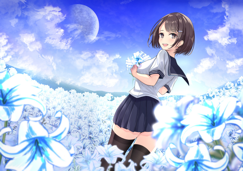 1girl :d absurdres back backlighting bangs black_legwear blue_sky blurry blush bob_cut breasts brown_eyes brown_hair clouds day depth_of_field dutch_angle eyebrows_visible_through_hair field flower flower_field from_behind hair_ornament hairclip hands_up highres holding holding_flower lily_(flower) looking_at_viewer looking_back moon mountainous_horizon open_mouth original outdoors parted_bangs pleated_skirt sailor_collar school_uniform serafuku short_hair short_sleeves skirt sky smile solo standing tagashiro_yui thigh-highs twisted_torso zettai_ryouiki