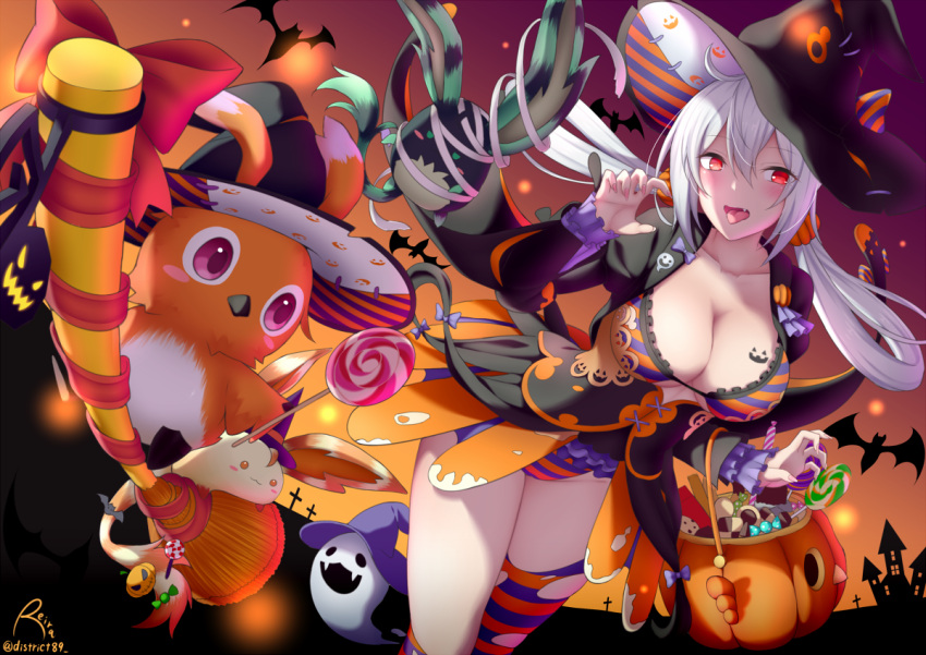 1girl artist_name asymmetrical_legwear bakuchiku bangs bat bird black_dress black_headwear bra breast_tattoo breasts broom candy carrying claw_pose cross dress eyebrows_visible_through_hair fang fingernails food foreshortening frilled_panties frills ghost hair_ornament hair_scrunchie halloween halloween_basket halloween_costume hat jack-o'-lantern juliet_sleeves kneehighs large_breasts leaning_forward lollipop long_hair long_sleeves looking_at_viewer low_twintails matoi_(pso2) microdress multicolored multicolored_clothes multicolored_legwear multicolored_stripes open_mouth orange_background orange_bra orange_legwear orange_panties orange_scrunchie panties phantasy_star phantasy_star_online_2 puffy_sleeves purple_bra purple_legwear purple_panties red_eyes scrunchie sharp_fingernails signature silver_hair solo standing striped striped_bra striped_panties tattoo thigh-highs tongue tongue_out torn_clothes torn_legwear twintails twitter_username underwear witch_hat