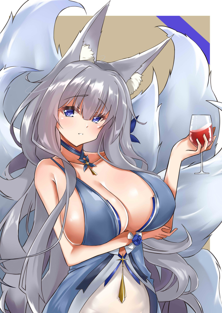 1girl absurdres animal_ear_fluff animal_ears azur_lane blue_collar blue_dress blue_eyes breasts collar cup dress drinking_glass feather_boa fox_ears grey_hair halter_dress highres kitsune kyuubi large_breasts large_tail long_hair multiple_tails noazzark shinano_(azur_lane) shinano_(light_of_the_hazy_moon)_(azur_lane) simple_background sleeveless sleeveless_dress solo tail very_long_hair white_tail wine_glass wrist_flower