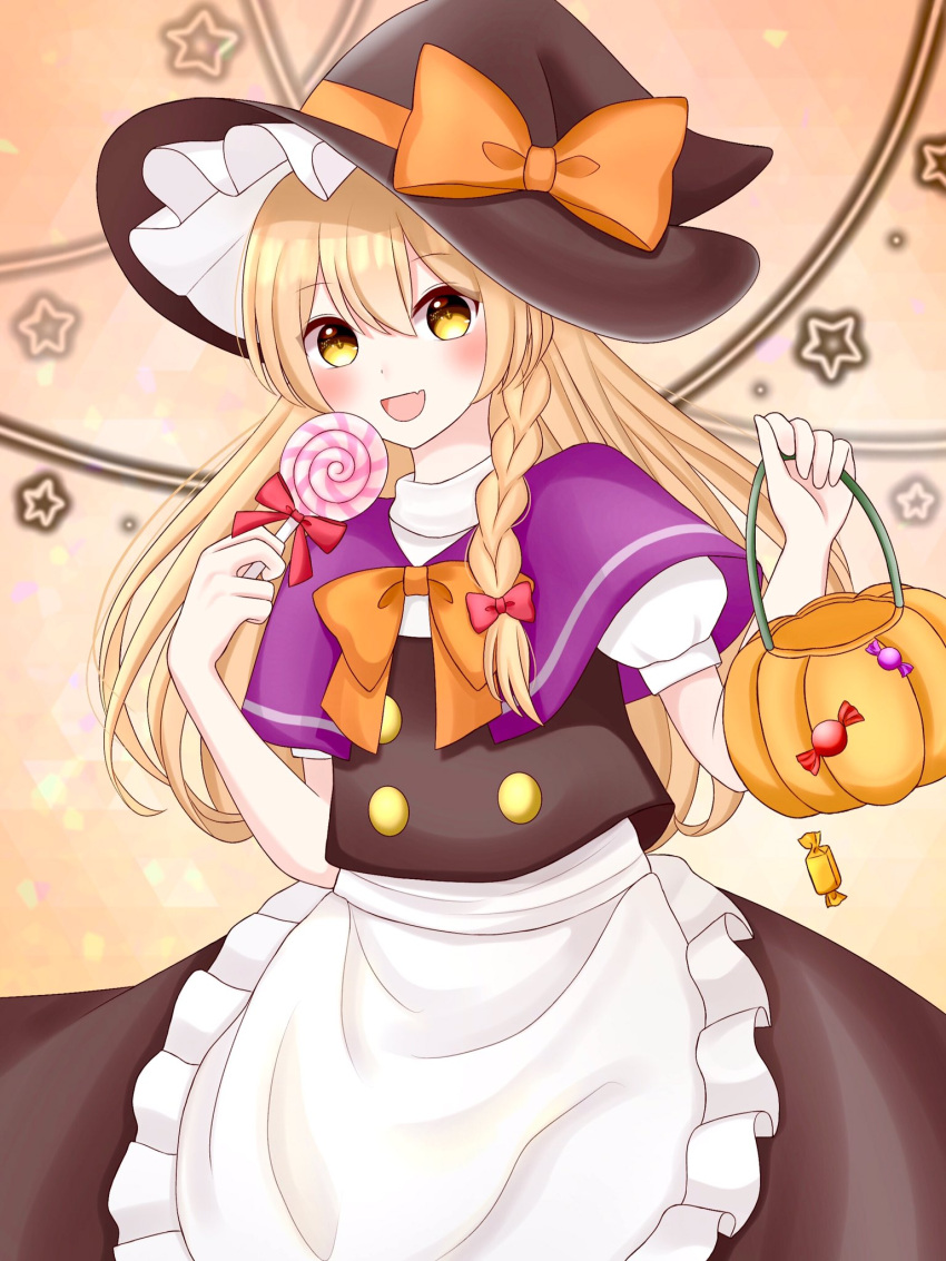 1girl :d apron black_dress blonde_hair blush bow bowtie braid bucket candy cowboy_shot dress english_commentary fang food hair_between_eyes hat highres holding holding_bucket holding_candy holding_food holding_lollipop kirisame_marisa lollipop long_hair looking_at_viewer open_mouth orange_bow orange_neckwear piyoru_nico puffy_short_sleeves puffy_sleeves pumpkin purple_capelet short_sleeves single_braid skin_fang smile solo standing star_(symbol) stick symbol_commentary touhou turtleneck witch_hat yellow_eyes