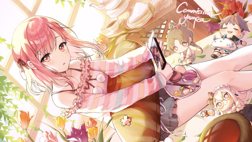 1girl alpha_(ypalpha79) bare_legs blush cake doll flower food loungewear macaron nini_yuuna pink_eyes pink_hair sitting sleepy sweets virtual_youtuber