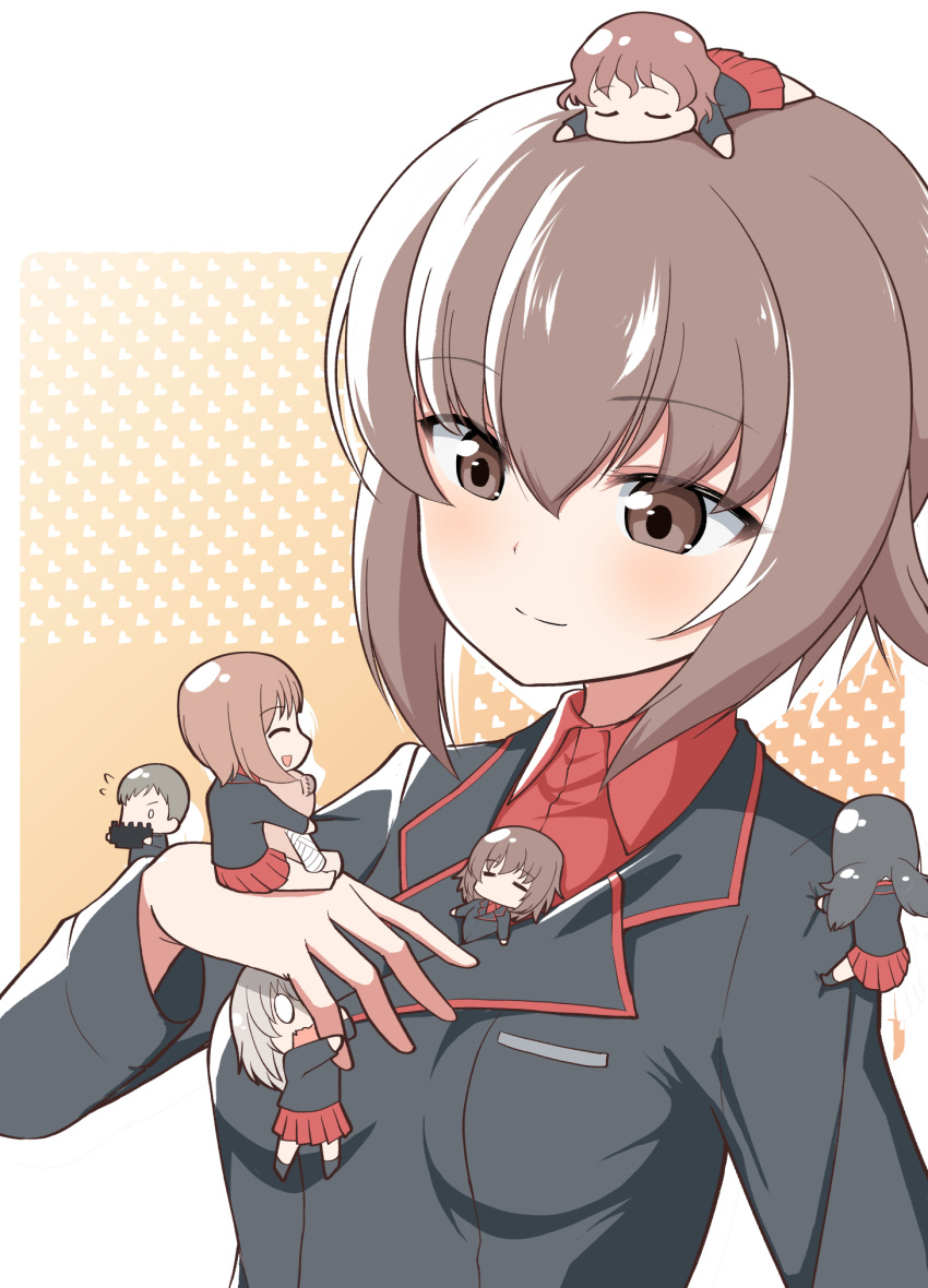 0_0 akaboshi_koume bangs black_jacket boko_(girls_und_panzer) brown_eyes brown_hair chibi clinging closed_eyes closed_mouth dress_shirt eyebrows_visible_through_hair flying_sweatdrops frown girls_und_panzer hanging heart heart_background highres holding holding_stuffed_toy itsumi_erika itsumi_erika's_gunner jacket kojima_emi kuromorimine_military_uniform long_hair long_sleeves looking_at_another low_twintails lying mauko_(girls_und_panzer) medium_hair military military_uniform minigirl nishizumi_maho nishizumi_miho on_stomach open_mouth orange_background rebirth42000 red_shirt shirt short_hair silhouette silver_hair sitting smile stuffed_toy twintails uniform upper_body very_short_hair wing_collar