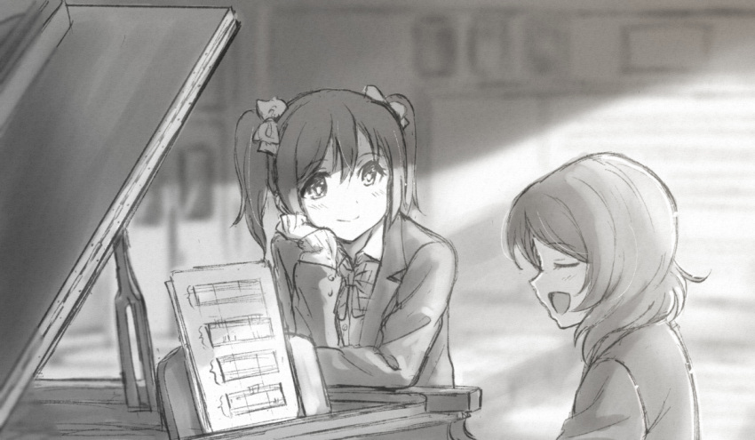 2girls bangs blurry blurry_background blush bow bowtie chin_rest classroom closed_eyes closed_mouth commentary_request eyebrows_visible_through_hair flat_chest from_side grand_piano greyscale hair_bow happy indoors instrument jacket light_blush long_sleeves looking_at_another love_live! love_live!_school_idol_project monochrome multiple_girls music nishikino_maki open_clothes open_jacket open_mouth paper piano playing_instrument profile school_uniform sheet_music shibasaki_shouji shirt short_hair sideways_mouth sitting smile standing tied_hair twintails upper_body yazawa_nico