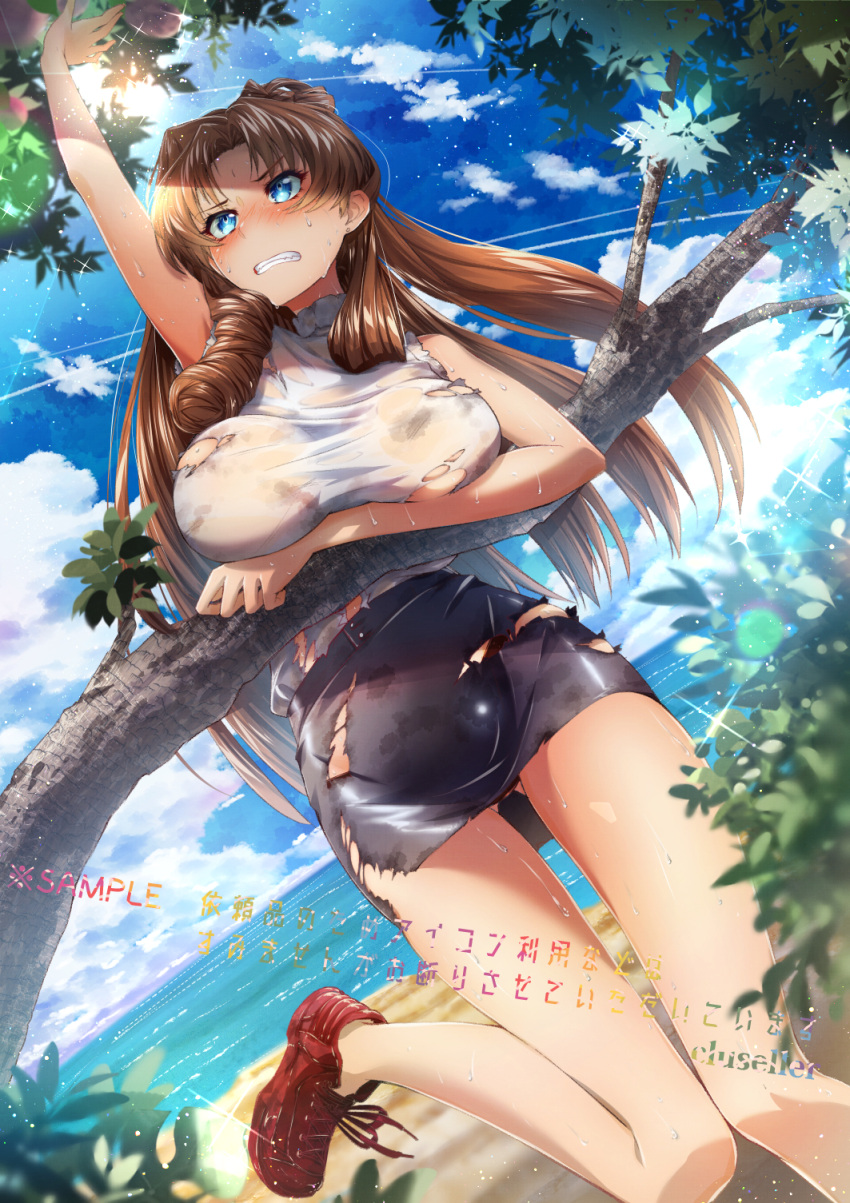 1girl arm_up artist_name ass_visible_through_thighs asymmetrical_hair bangs beach black_skirt blue_eyes blue_sky blurry_foreground blush breasts brown_hair brown_panties character_request clenched_teeth climbing_tree clouds cluseller commentary_request condensation_trail copyright_request day dirty dirty_clothes drill_hair dutch_angle eyebrows_visible_through_hair food fruit hair_intakes hand_up highres horizon large_breasts lens_flare light_particles long_hair looking_up miniskirt no_bra nose_blush ocean outdoors panties pencil_skirt reaching red_footwear sample sand shiny shiny_clothes shiny_hair shirt shirt_tucked_in shoes skirt sky sleeveless sleeveless_shirt solo sparkle sunlight sweat teeth torn_clothes torn_shirt torn_skirt translation_request tree underwear water watermark white_shirt