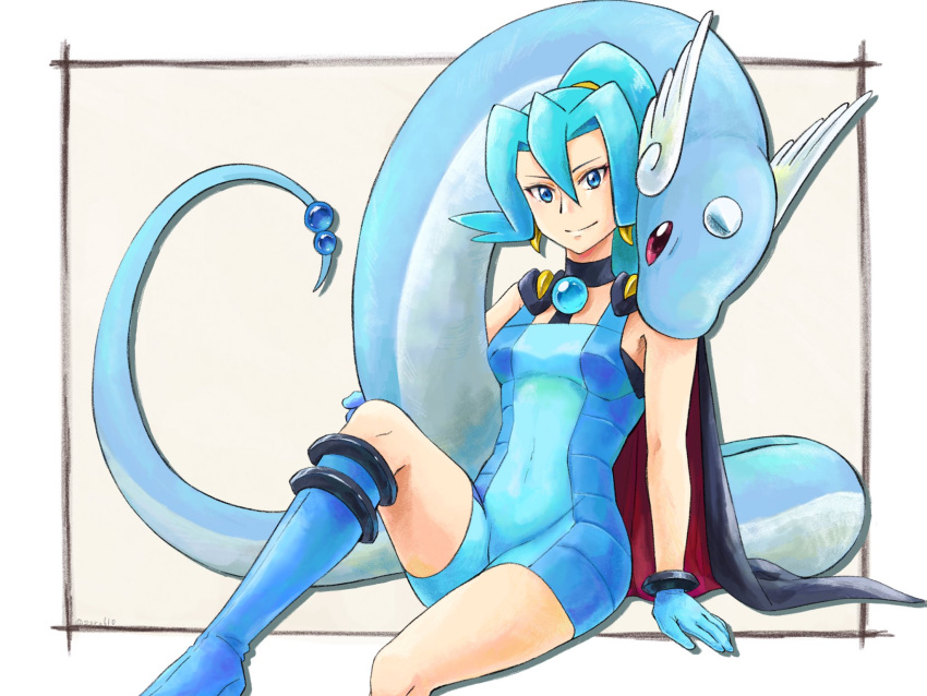 1girl artist_name bangs black_cape black_choker blue_bodysuit blue_eyes blue_footwear blue_gloves blue_hair bodysuit boots breasts cape choker clair_(pokemon) closed_mouth commentary_request covered_navel dragonair earrings gen_1_pokemon gloves hair_between_eyes hair_tie highres jewelry long_hair pokemon pokemon_(creature) pokemon_(game) pokemon_hgss ponytail smile sora_(sora610) tied_hair watermark