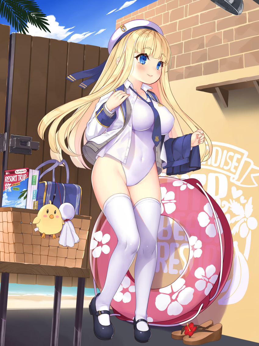 1girl absurdres azur_lane bangs bird blonde_hair blue_eyes blue_neckwear blue_sky blunt_bangs brick_wall chick clouds commentary_request competition_swimsuit day eyes_visible_through_hair full_body highres icarus_(azur_lane) icarus_(nereid's_discovery)_(azur_lane) jacket kuro_chairo_no_neko long_hair manjuu_(azur_lane) necktie official_alternate_costume one-piece_swimsuit outdoors royal_navy_(emblem) school_uniform skirt skirt_removed sky solo swimsuit swimsuit_under_clothes teruterubouzu thigh-highs white_jacket white_legwear white_swimsuit