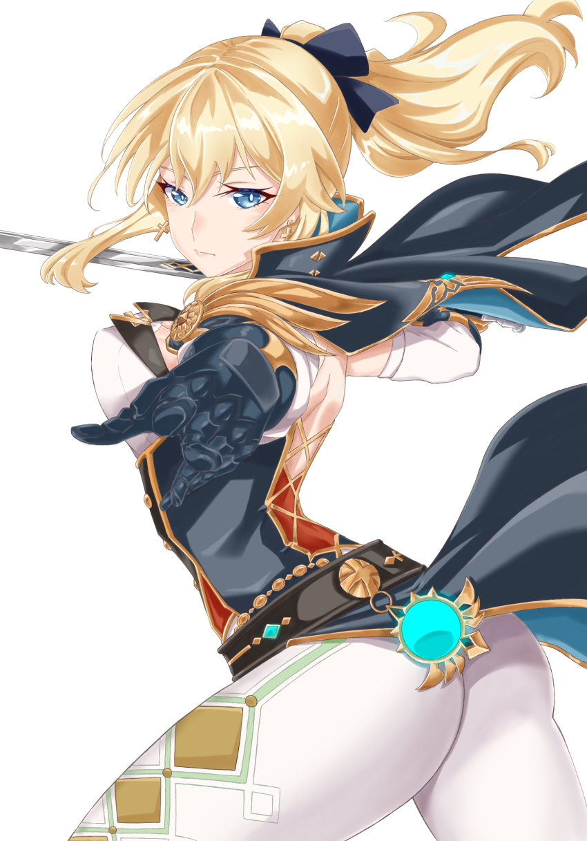1girl ass back bangs belt blonde_hair blue_capelet blue_eyes breasts capelet coattails gauntlets genshin_impact highres jean_gunnhildr large_breasts long_hair looking_at_viewer multicolored_capelet outstretched_arm pants ponytail sidelocks simple_background sword task_baron thighs tight tight_pants weapon white_background white_pants