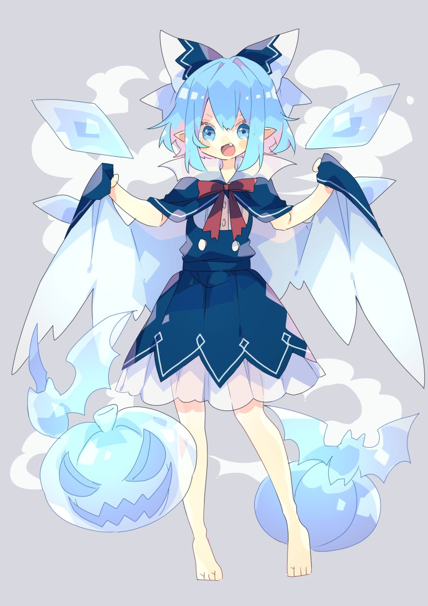1girl adapted_costume barefoot bat blue_bow blue_eyes blue_hair blue_shirt blue_skirt bow cape cirno detached_wings fang full_body grey_background hair_bow hands_up highres holding holding_cape ice ice_wings jack-o'-lantern looking_at_viewer neck_ribbon nikorashi-ka open_mouth pointy_ears red_neckwear ribbon shirt short_hair short_sleeves simple_background skirt solo touhou wings