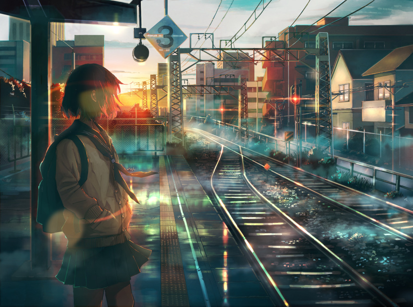 1girl absurdres backlighting backpack bag black_hair black_skirt building cardigan chain-link_fence city fence from_side hands_in_pockets highres huge_filesize jacket lens_flare miniskirt neckerchief original overhead_line power_lines railroad_signal railroad_tracks reflection sakura_inu_(itoyatomo) scenery short_hair skirt solo standing sunset tactile_paving traffic_light train_station twilight vanishing_point white_jacket