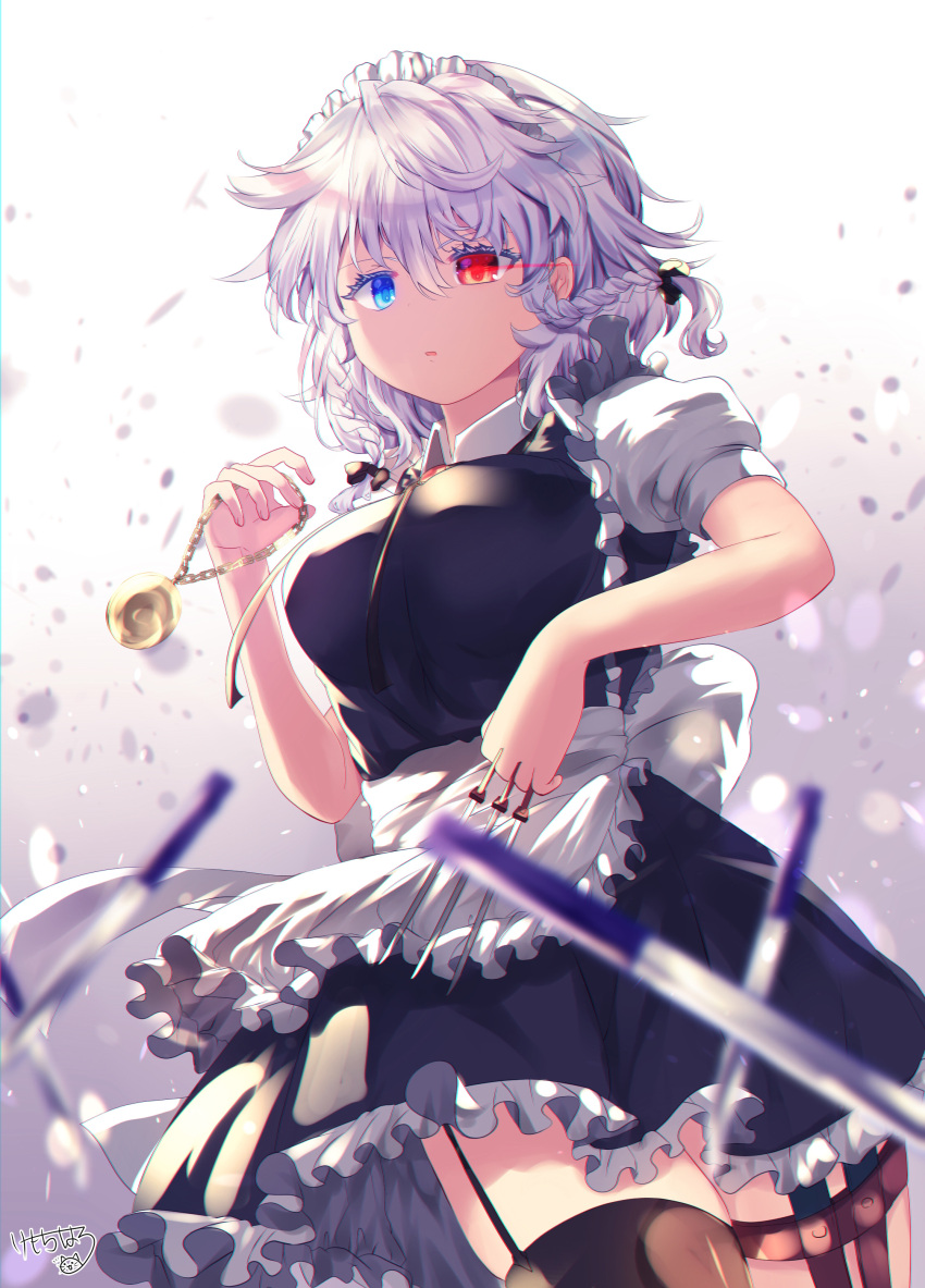 1girl absurdres alternate_eye_color apron arms_up between_fingers black_legwear blue_eyes blue_skirt blue_vest blurry_foreground braid breasts commentary_request cowboy_shot expressionless gradient gradient_background grey_background heterochromia highres holding holding_knife holding_pocket_watch izayoi_sakuya kemo_chiharu knife large_breasts light_particles looking_at_viewer maid_headdress petticoat pocket_watch puffy_short_sleeves puffy_sleeves red_eyes shirt short_hair short_sleeves signature silver_hair skirt solo standing thigh-highs thigh_strap touhou twin_braids vest waist_apron watch white_background white_shirt