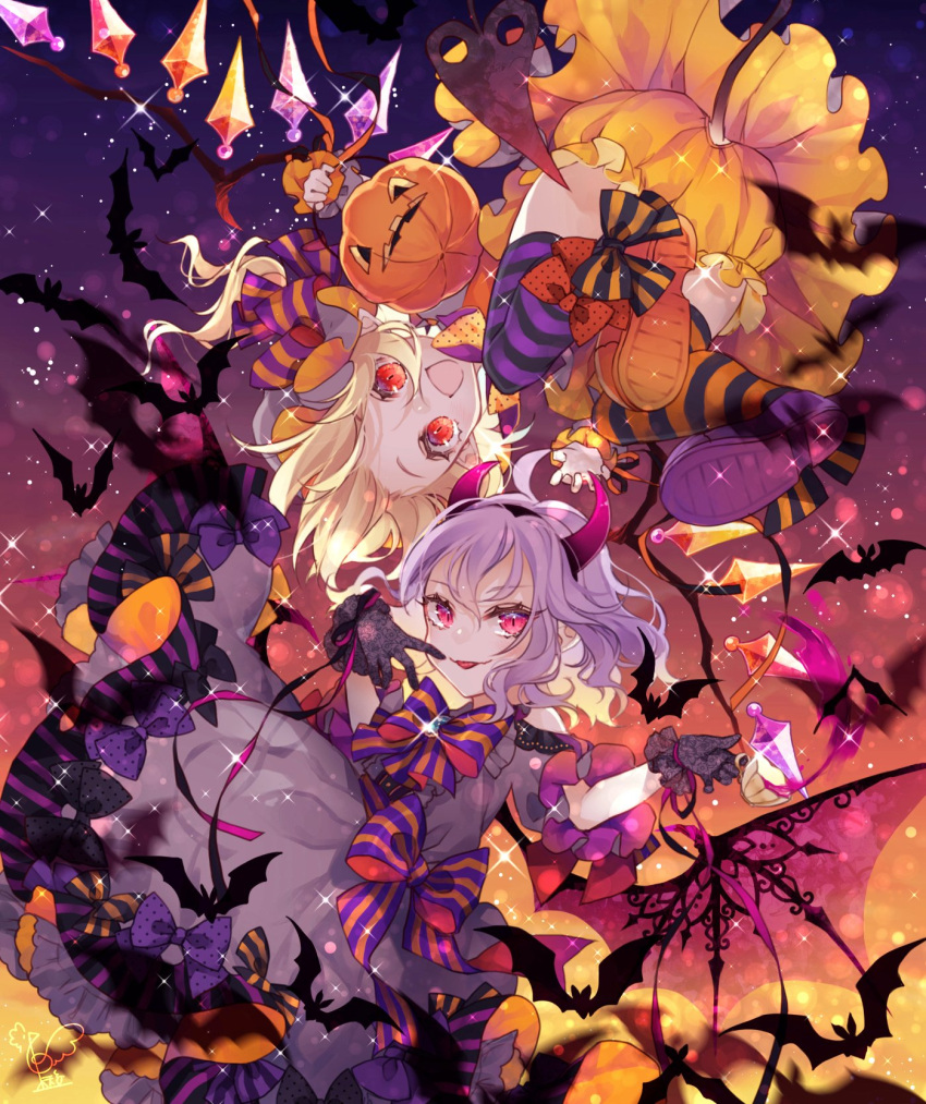 2girls :p ahoge alternate_costume bat bat_wings black_bow black_gloves blonde_hair bloomers bow bucket clothing_cutout commentary_request crystal cup demon_horns dress english_commentary fake_horns flandre_scarlet gloves gradient gradient_background halloween highres holding holding_cup horns jack-o'-lantern laevatein_(tail) looking_at_viewer mixed-language_commentary multiple_girls open_mouth orange_bow orange_dress purple_background purple_bow purple_dress purple_hair red_eyes remilia_scarlet shoe_soles siblings sisters smile sparkle spilling striped striped_bow tail tail_cutout teacup tongue tongue_out touhou toutenkou underwear upskirt wings yellow_background