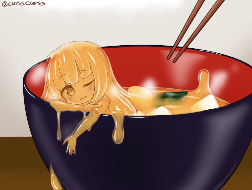 1girl :d blush chopsticks food head_tilt highres in_bowl in_container kixyuresu looking_at_viewer minigirl monster_girl noodles one_eye_closed open_mouth orange_eyes orange_hair orange_sclera orange_skin original ramen slime_girl smile solo twitter_username