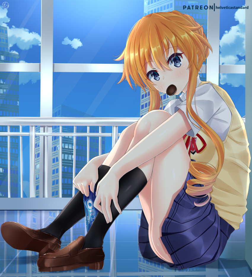 1girl bangs black_legwear blue_eyes blue_skirt blush breasts building clouds commentary_request date_a_live drill_hair eyebrows_visible_through_hair food food_in_mouth hands_on_legs helvetica_std highres holding holding_food indoors loafers long_hair orange_hair oreo patreon_username pleated_skirt red_ribbon ribbon school_uniform shoes sidelocks skirt socks yamai_kaguya