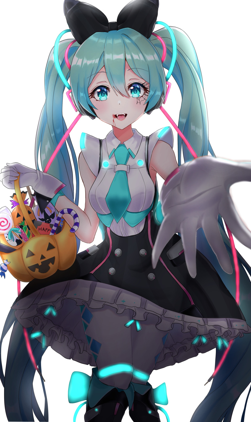 1girl absurdres aqua_eyes aqua_hair aqua_neckwear argyle argyle_legwear backlighting basket black_bow black_dress blood blood_on_face blurry_foreground boots bow cable candy candy_cane commentary dress facial_tattoo fangs food foreshortening framed_breasts gloves glowing hair_bow halloween hatsune_miku headphones highres holding holding_basket hoop_skirt itogari knee_boots lollipop long_hair looking_at_viewer magical_mirai_(vocaloid) makuhari-chan necktie neon_trim open_mouth outstretched_arm pumpkin reaching_out short_necktie silk sleeveless sleeveless_dress smile solo spider_web tattoo thigh-highs twintails vampire very_long_hair vocaloid white_background white_gloves white_legwear