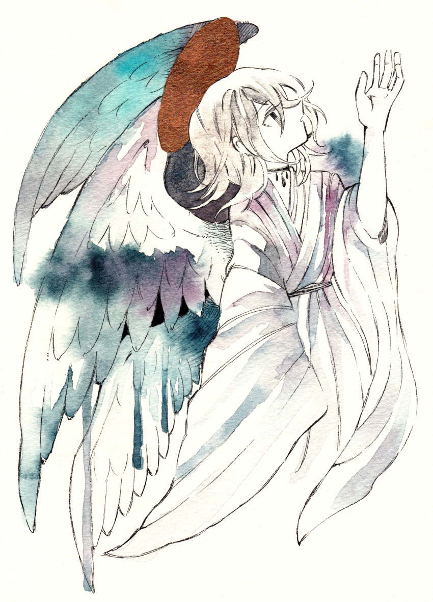 ambiguous_gender ameranpu angel angel_wings arm_up cropped_torso feathered_wings grey_hair highres long_sleeves multiple_wings original pale_skin profile short_hair simple_background solo traditional_media upper_body watercolor_(medium) white_background white_wings wide_sleeves wings