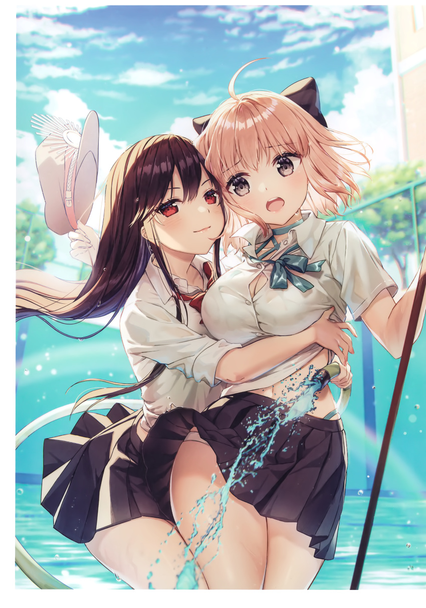 2girls absurdres ahogeblack_bow black_hair black_headwear black_skirt blonde_hair blue_choker blue_neckwear blue_ribbon blue_sky blush bow breasts brown_eyes choker cleavage_cutout closed_mouth clothing_cutout collarbone day empty_pool fate/grand_order fate_(series) hair_bow hat hat_removed headwear_removed highres hose koha-ace lifted_by_another long_hair looking_at_viewer medium_breasts miniskirt multiple_girls navel neck_ribbon oda_nobunaga_(fate) oda_nobunaga_(fate)_(all) okita_souji_(fate) okita_souji_(fate)_(all) open_mouth outdoors panties pantyshot peaked_cap pink_lips pleated_skirt pool red_eyes red_neckwear red_ribbon ribbon rosuuri scan school_uniform shirt shirt_lift short_hair short_sleeves sidelocks skirt sky smile straight_hair thighs underwear very_long_hair water white_shirt