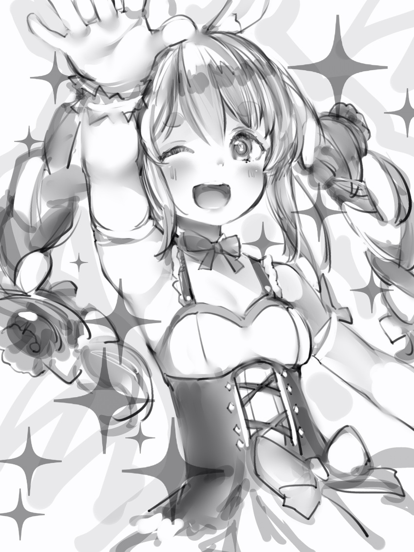 1girl :d animal_ears blush bow braid breasts bunny-shaped_pupils greyscale hand_up highres hololive idol long_hair looking_at_viewer monochrome nanashi_(nlo) one_eye_closed open_mouth rabbit_ears small_breasts smile solo sparkle twin_braids underbust upper_body usada_pekora wristband