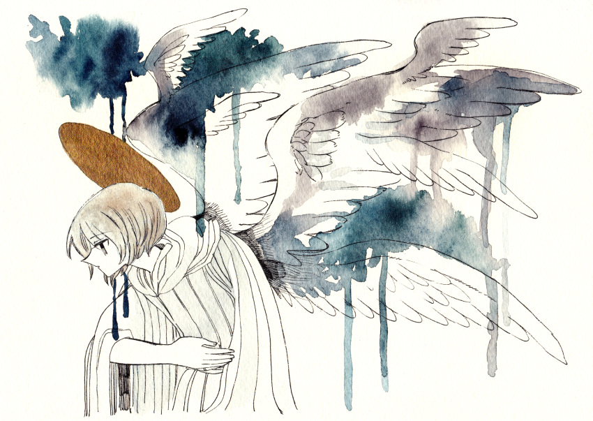 ambiguous_gender ameranpu angel angel_wings brown_hair eyebrows_visible_through_hair feathered_wings highres long_sleeves multiple_wings original pale_skin profile short_hair simple_background solo traditional_media upper_body watercolor_(medium) white_background white_wings wide_sleeves wings