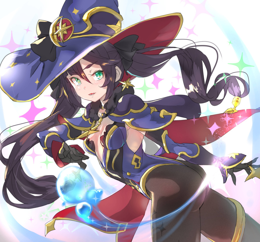 1girl absurdres aqua_eyes ass black_legwear bow breasts cape genshin_impact gloves hair_bow hair_ornament hat highres leotard mona_(genshin_impact) open_mouth pantyhose purple_hair ryuugan small_breasts solo star_(symbol) star_hair_ornament thong_leotard water witch_hat