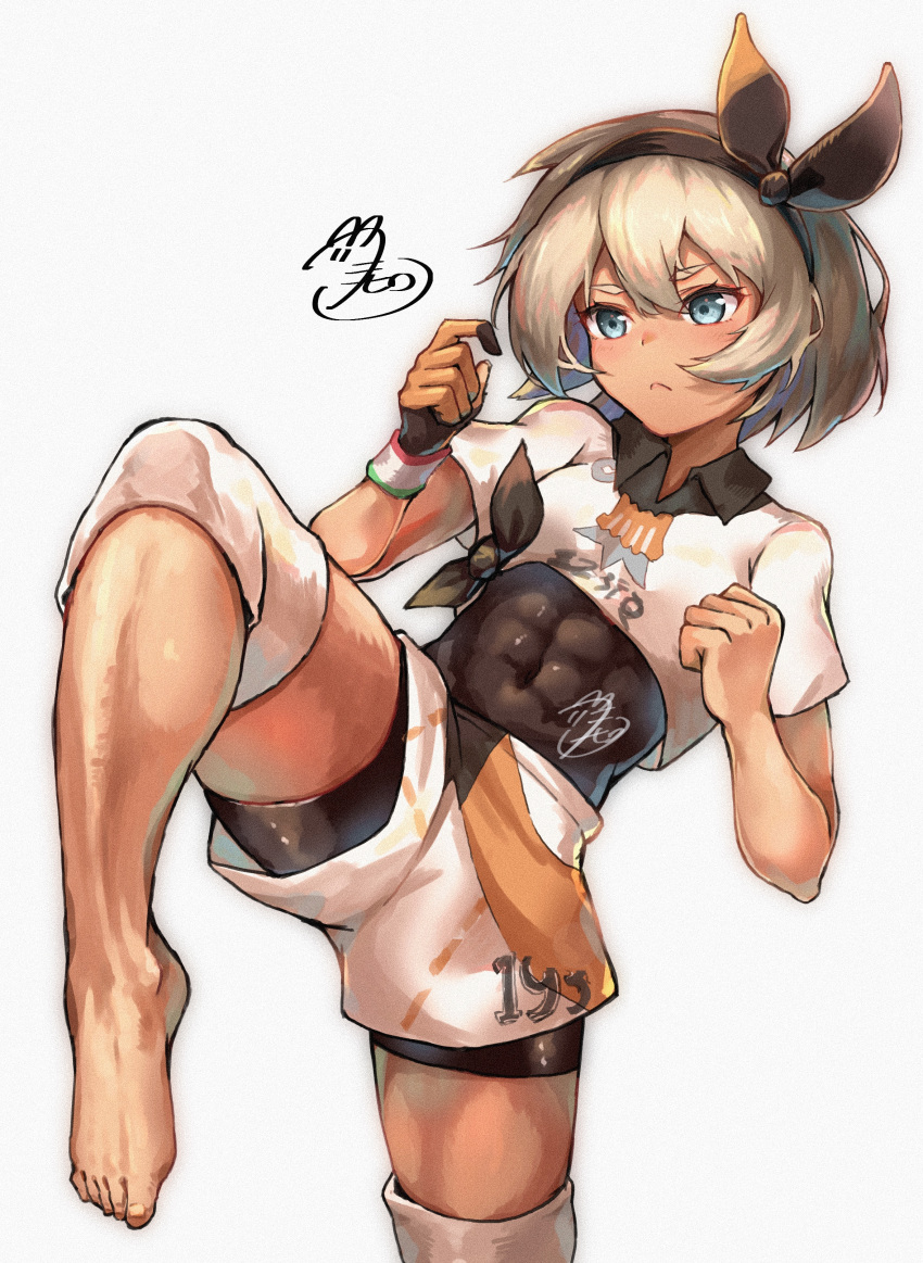 1girl absurdres bangs barefoot bea_(pokemon) black_bodysuit black_hairband blonde_hair blue_eyes bodysuit bodysuit_under_clothes bow_hairband clenched_hand closed_mouth collared_shirt commentary_request covered_abs dynamax_band eyelashes fueto_hiroki gloves gym_leader hair_between_eyes hairband highres knee_pads leg_up number partially_fingerless_gloves pokemon pokemon_(game) pokemon_swsh print_shirt print_shorts shirt short_hair short_sleeves shorts single_glove solo tied_shirt toes