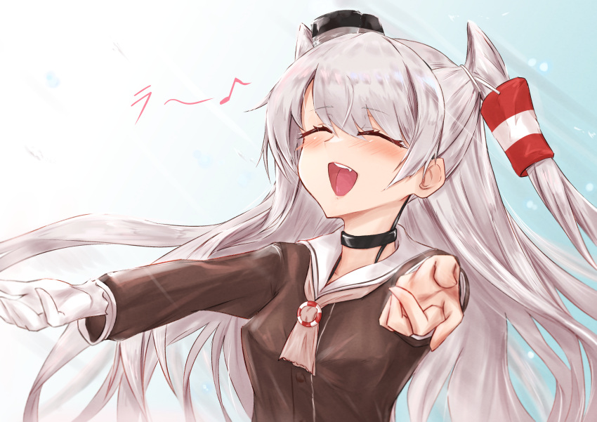 1girl absurdres amatsukaze_(kantai_collection) brown_dress brown_neckwear closed_eyes commentary_request dress gaijuu gloves hair_tubes highres kantai_collection lifebuoy_ornament long_hair music neckerchief open_mouth outstretched_arms sailor_dress short_dress silver_hair singing single_glove smile smokestack_hair_ornament solo two_side_up upper_body white_gloves windsock