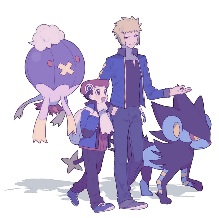 2boys :d black_hair black_shirt blonde_hair blue_eyes blue_jacket commentary_request drifblim gen_4_pokemon hand_in_pocket hat holding_strap jacket long_sleeves looking_at_another lucas_(pokemon) luxray male_focus multiple_boys open_clothes open_jacket open_mouth oshi_taberu pants parted_lips pokemon pokemon_(creature) pokemon_(game) pokemon_dppt pokemon_platinum scarf shirt shoes smile volkner_(pokemon) white_scarf