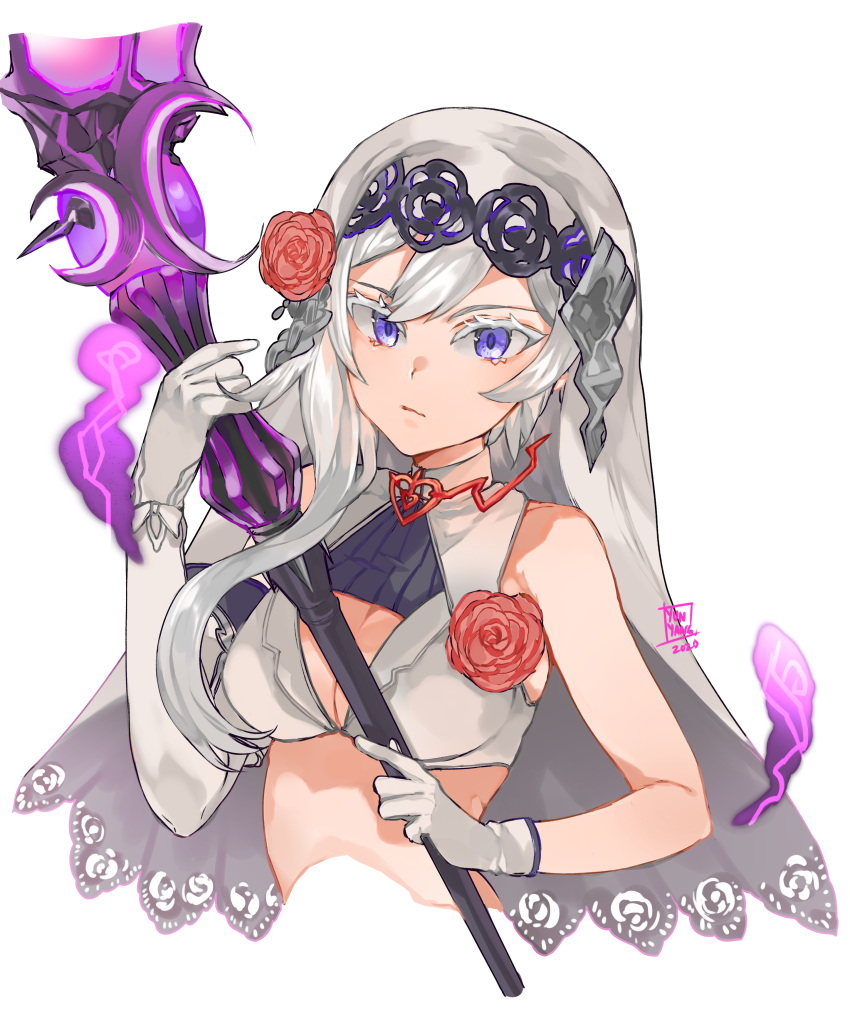 1girl absurdres breasts closed_mouth dated elbow_gloves gloves hands_up highres holding holding_staff long_hair looking_at_viewer medium_breasts signature single_elbow_glove sinoalice snow_white_(sinoalice) solo staff upper_body violet_eyes white_gloves white_hair yun-yang