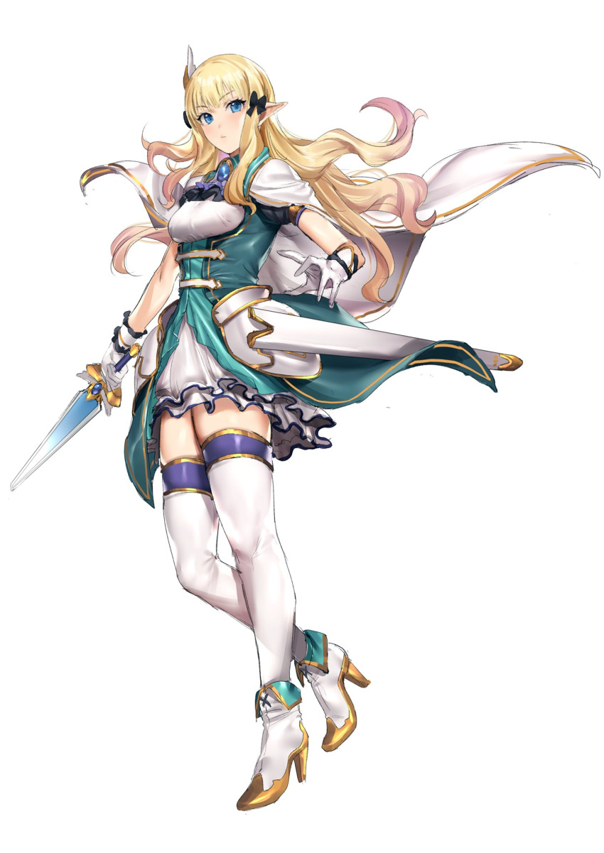 1girl armor ascot bangs black_bow blonde_hair blue_eyes blush bow breasts capelet dress elf eyebrows_visible_through_hair floating_hair framed_breasts gloves hair_bow hair_ornament high_heels highres hiyashi_yaki holding holding_sword holding_weapon long_hair looking_at_viewer medium_breasts pointy_ears princess_connect! princess_connect!_re:dive saren_(princess_connect!) sheath sidelocks solo sword thigh-highs thighs weapon