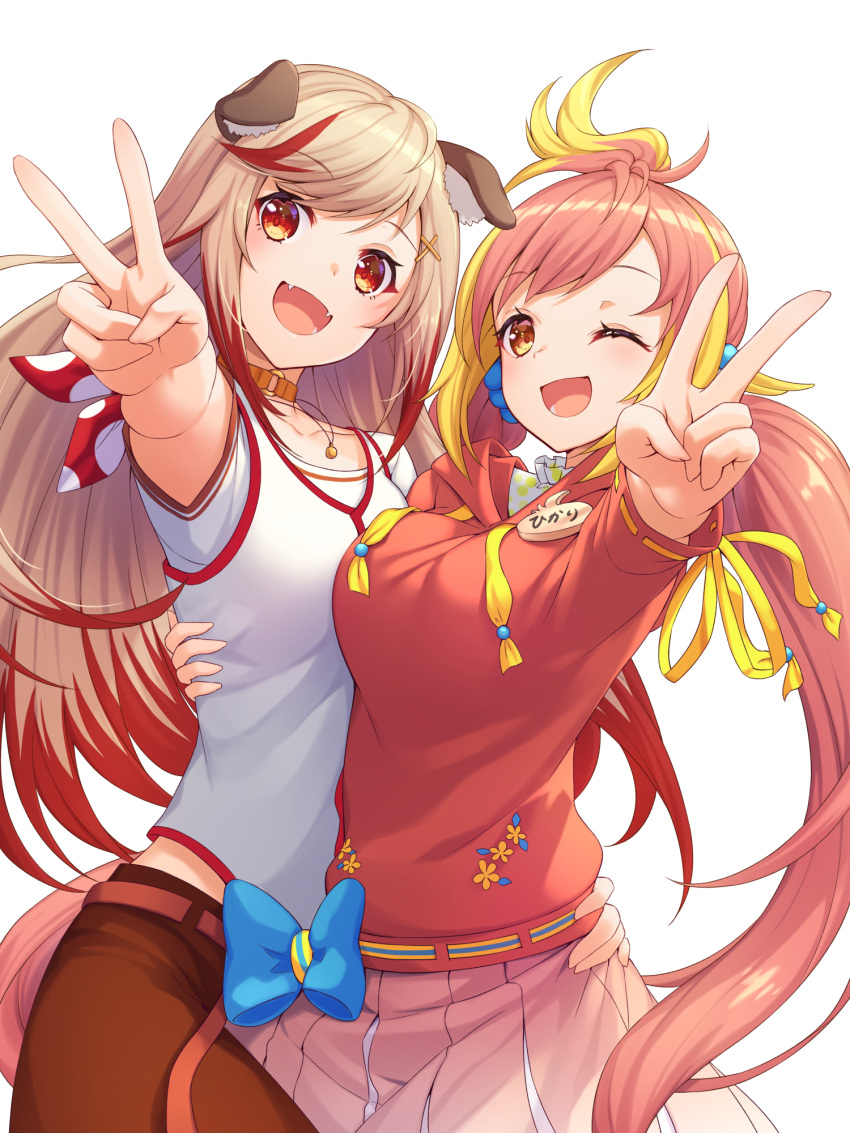 2girls animal_ears animare asymmetrical_docking bad_anatomy bad_proportions blonde_hair breast_press eliot_c_f highres hira_hikari long_hair multicolored_hair multiple_girls seshima_rui symmetrical_docking v virtual_youtuber