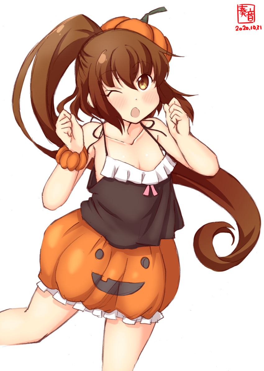 1girl artist_logo black_camisole brown_eyes brown_hair camisole chestnut_mouth collarbone commentary_request cosplay cowboy_shot dated fumizuki_(kantai_collection) highres jack-o'-lantern kanon_(kurogane_knights) kantai_collection libeccio_(kantai_collection) libeccio_(kantai_collection)_(cosplay) long_hair looking_at_viewer one_eye_closed orange_headwear ponytail pumpkin_skirt revision simple_background solo white_background