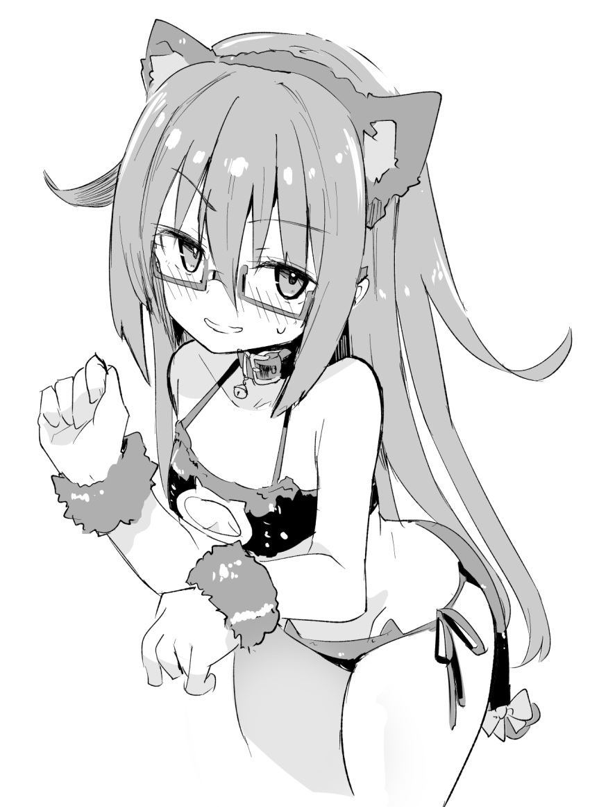 1girl animal_ears bangs bell bell_collar blush bra breasts caburi cat_cutout cat_ears cat_lingerie clothing_cutout collar cropped_legs eyebrows_visible_through_hair fake_animal_ears fur_trim glasses greyscale highres kantai_collection long_hair meme_attire mochizuki_(kantai_collection) monochrome nose_blush panties paw_pose side-tie_panties simple_background small_breasts smile solo sweat underwear