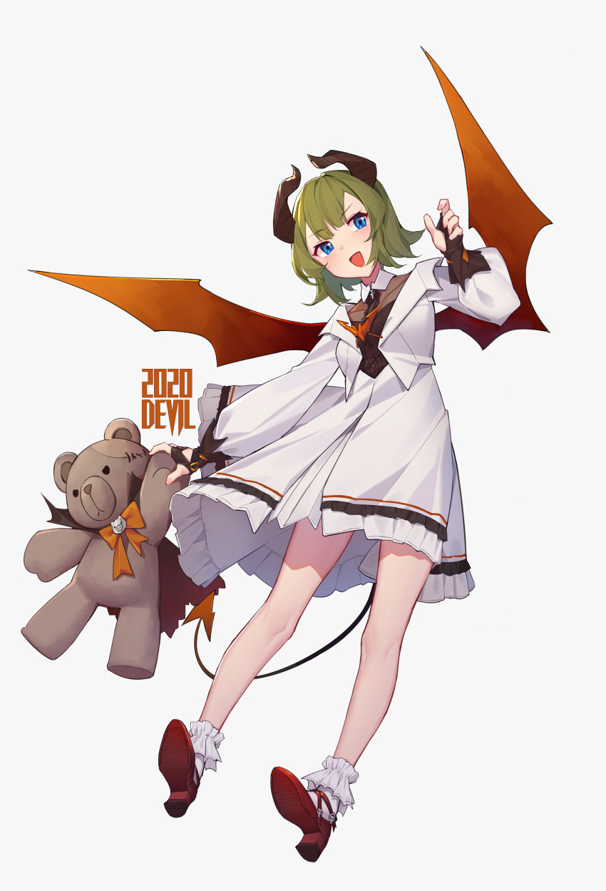 1girl :d absurdres arnold-s bangs black_gloves blue_eyes blush bow brown_bow brown_shirt brown_wings collared_shirt commentary curled_horns demon_girl demon_horns demon_tail demon_wings english_commentary eyebrows_visible_through_hair fingerless_gloves frilled_skirt frills full_body gloves green_hair grey_background high_heels highres holding holding_stuffed_toy horns jacket long_sleeves looking_at_viewer open_clothes open_jacket open_mouth original puffy_long_sleeves puffy_sleeves red_footwear shirt shoe_soles shoes simple_background skirt smile solo stuffed_animal stuffed_toy tail teddy_bear white_jacket white_skirt wings