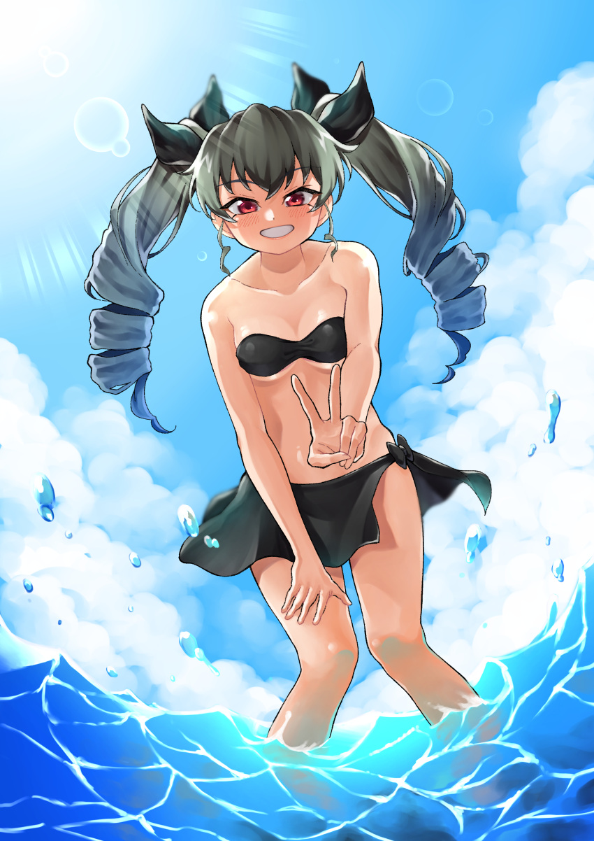 1girl absurdres anchovy_(girls_und_panzer) bangs bikini black_bikini black_ribbon black_sarong blue_sky clouds cloudy_sky commentary day drill_hair droplet girls_und_panzer green_hair grin hair_ribbon half-closed_eyes hand_on_own_thigh highres lens_flare long_hair looking_at_viewer nakachiruno ocean outdoors red_eyes revision ribbon sarong sky smile solo standing strapless strapless_bikini sunlight swimsuit twin_drills twintails v wading waves