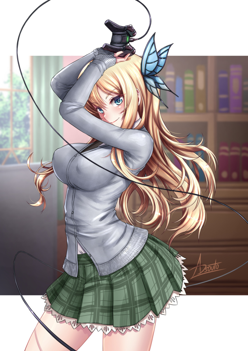 1girl adsouto aqua_eyes blonde_hair blue_eyes boku_wa_tomodachi_ga_sukunai breasts bug butterfly butterfly_hair_ornament covered_nipples eyebrows_visible_through_hair hair_ornament highres insect kashiwazaki_sena large_breasts long_hair looking_at_viewer nipples plaid plaid_skirt playing_games school_uniform skirt smile st._chronica_academy_uniform