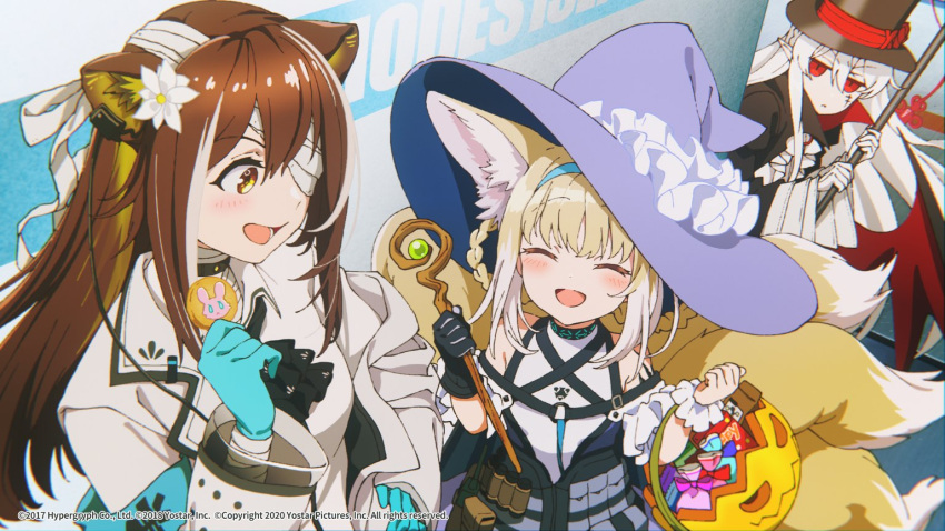 3girls alternate_costume animal_ears arknights bandage_over_one_eye candy closed_eyes doctor folinic_(arknights) food fox_ears halloween halloween_costume hat jack-o'-lantern kitsune labcoat lollipop multiple_girls multiple_tails official_art pale_skin pocky red_eyes scar scar_across_eye smile suzuran_(arknights) tail top_hat vampire vampire_costume wand warfarin_(arknights) witch_hat