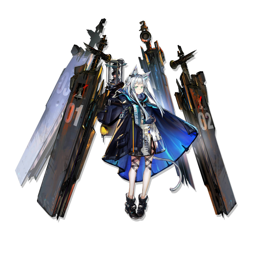 1girl animal_ear_fluff animal_ears arknights bangs bare_legs black_footwear blue_cape blue_gloves boots cape cat_ears cat_tail dress full_body gloves green_eyes highres long_hair looking_at_viewer official_art rosmontis_(arknights) short_dress silver_hair solo standing tail transparent_background white_dress yui_(niikyouzou)