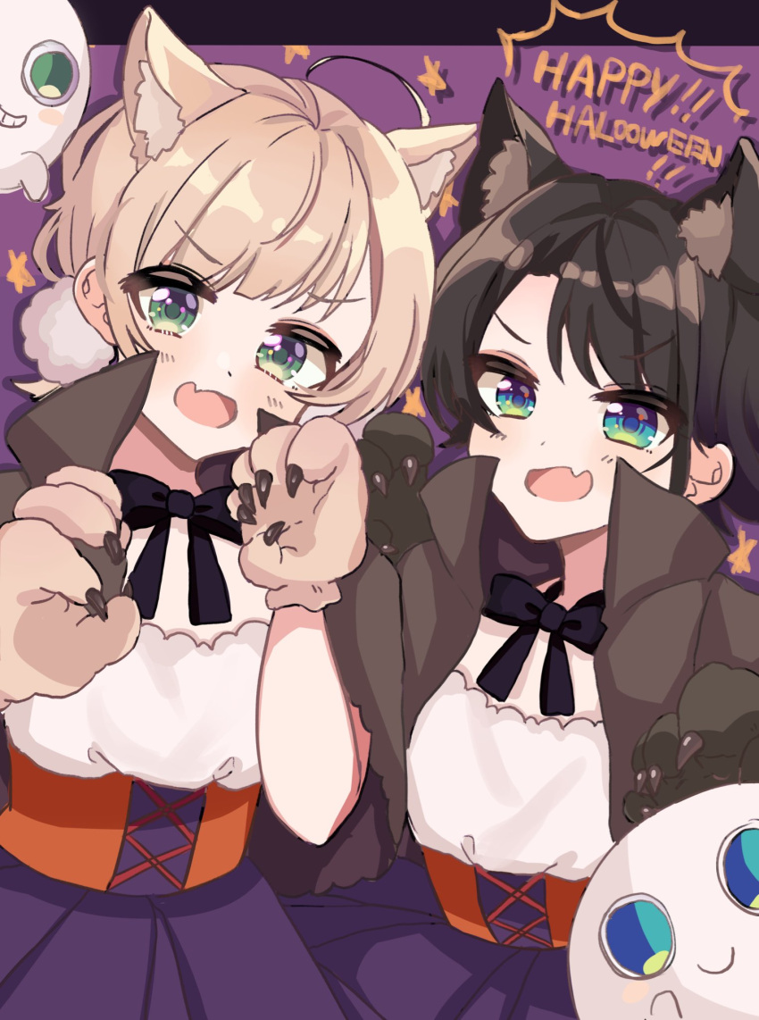 2girls 2others :d ahoge alternate_costume animal_ear_fluff animal_ears bangs black_bow black_hair black_neckwear blonde_hair blue_eyes blush blush_stickers bow bowtie capelet cat_ears character_request claw_pose claws commentary_request corset english_text eyebrows_visible_through_hair fang fangs flat_chest gloves green_eyes grey_capelet grin hair_between_eyes halloween halloween_costume happy_halloween highres hololive imoricohafu indie_virtual_youtuber looking_at_viewer multiple_girls multiple_others neck_ribbon oozora_subaru open_mouth paw_gloves paws pom_pom_(clothes) purple_skirt ribbon shigure_ui_(vtuber) short_hair shoulder-to-shoulder skin_fang skirt smile starry_background symbol_commentary white_skin